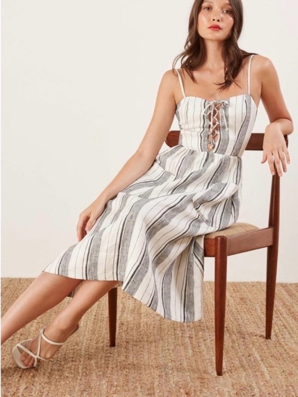 Reformation Ellen (Louisiana Stripe)Lace-Up Midi Linen Dress -Sz 2 - Picture 3 of 6